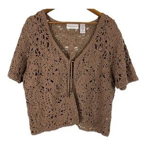 Alfred Dunner Womens Cardigan Size L Brown Short Sleeve Open Knit Cottagecore